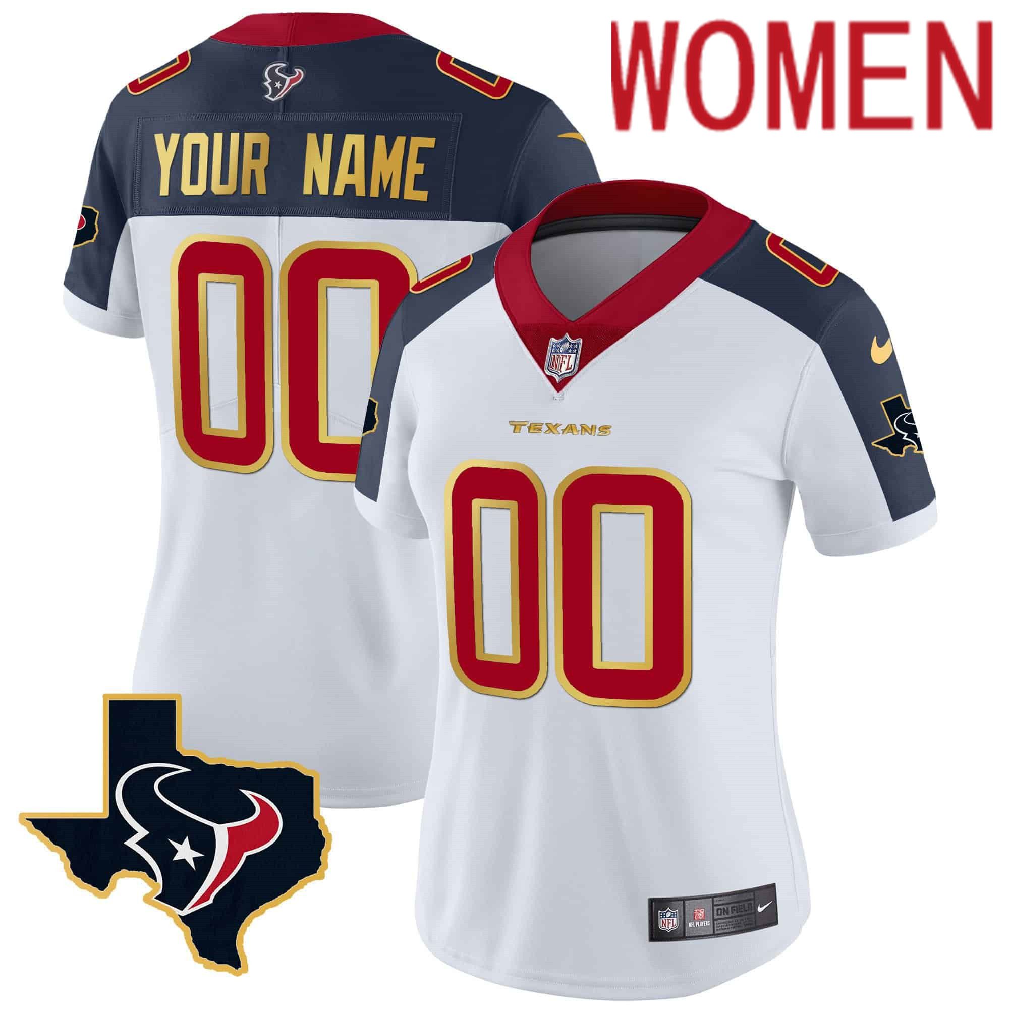 Women Houston Texans White Gold 2024 Nike Trim Vapor Custom NFL Jersey style 2->customized nfl jersey->Custom Jersey